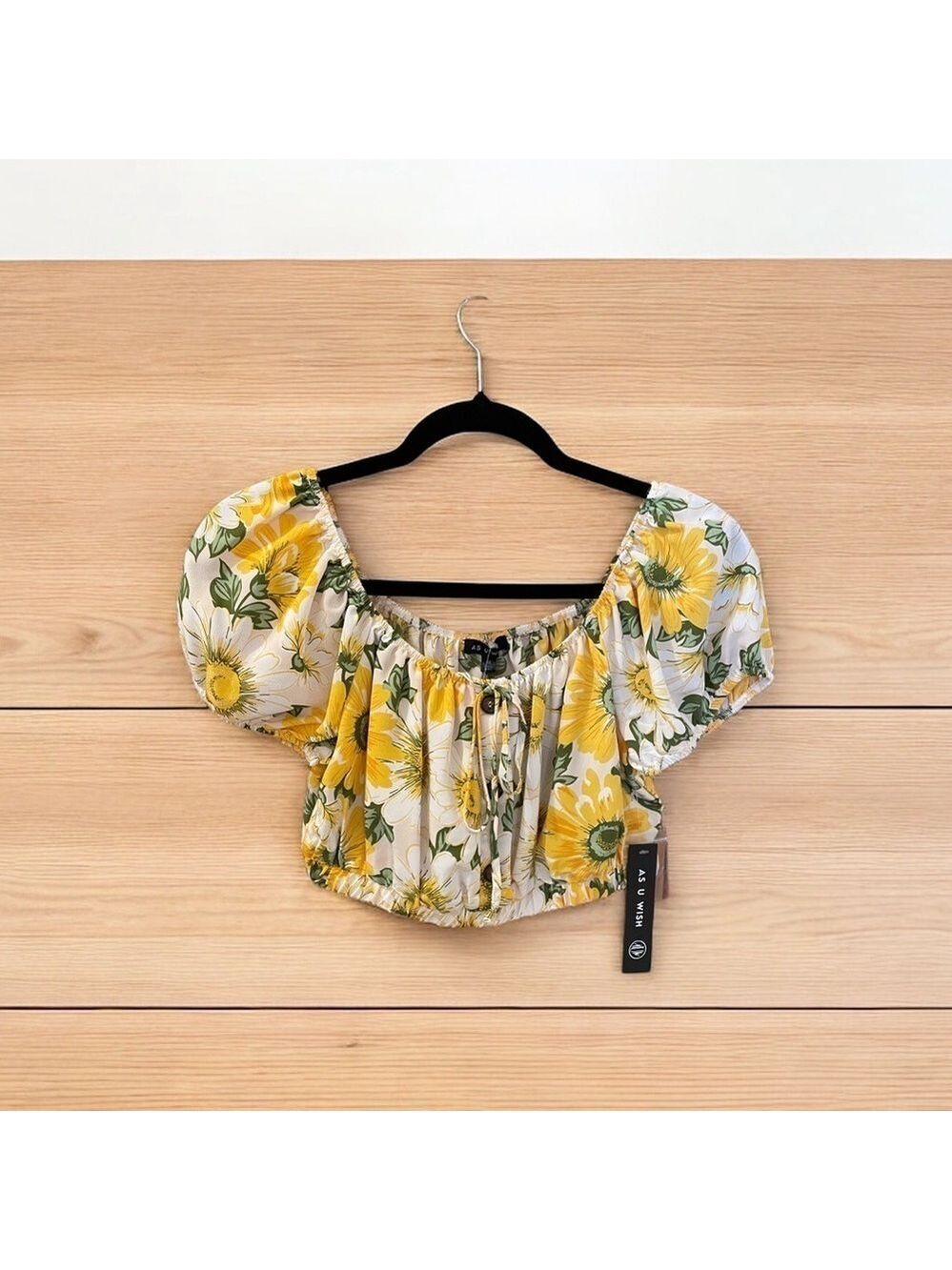 As U Wish Puff Sleeve Button Front Crop Top, Size XL, Yellow Sunflower Print
